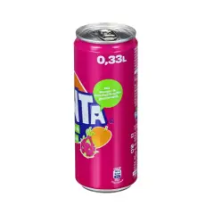 Puszka napoju Fanta Mango & Smoczy Owoc w kolorze fuksji z grafiką owoców.