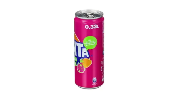 Puszka napoju Fanta Mango & Smoczy Owoc w kolorze fuksji z grafiką owoców.