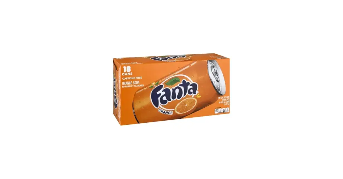 Pudełko 18 puszek Fanty pomarańczowej bez kofeiny.
