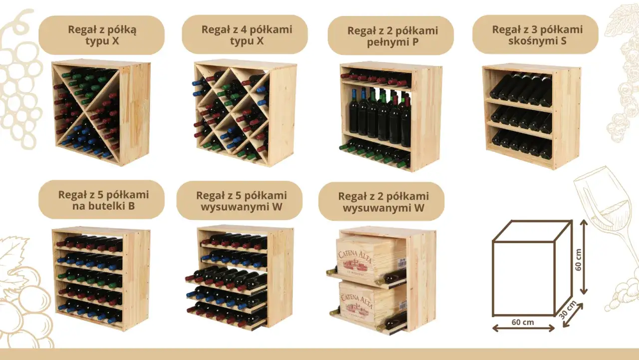 różne typy regałów na wino i alkohol